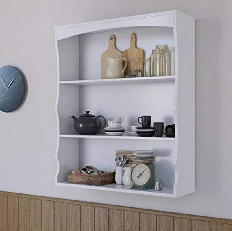 Home Source Wall Mounted Shelving Unit, Floating 3 Shelves Storage Wall Cabinet, Kid’s Bedroom Kitchen Unit, White