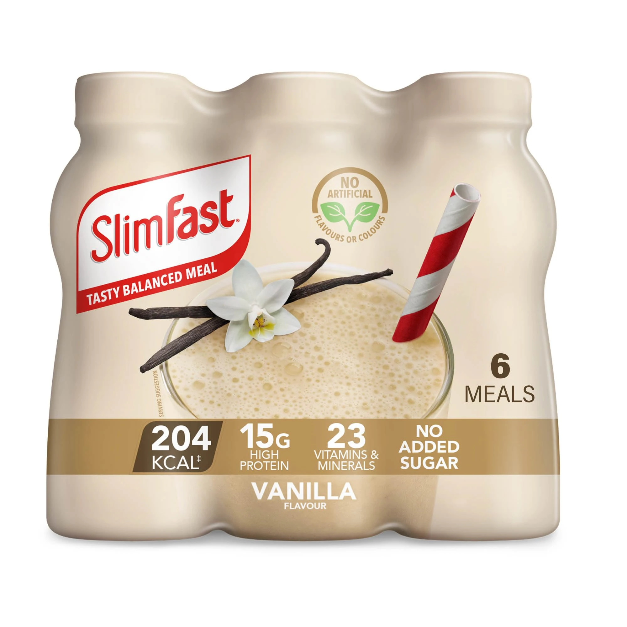 SlimFast Ready To Drink Shake, Meal Replacement Shakes for Weight Loss and Balanced Diet, High Protein, Vitamins and Minerals, No Added Sugar, Vanilla Flavour, 6 x 325 ml, Packaging May Vary