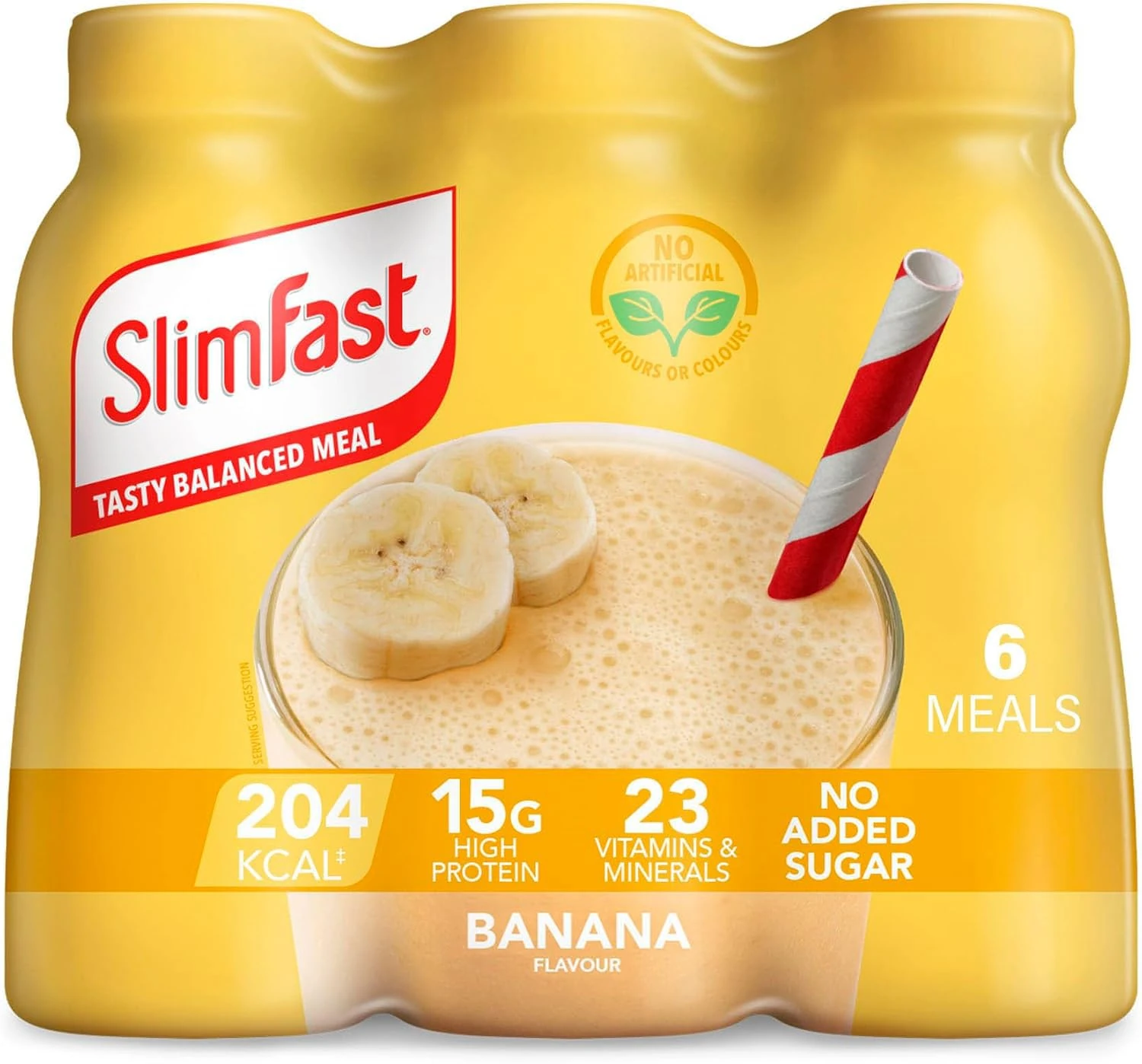 SlimFast Ready To Drink Shake, Tasty, Balanced Shake with Vitamins and Minerals, No Sugar, Banana Flavour, 6 x 325 ml Multipack