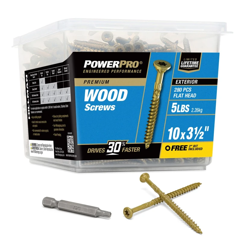 Power Pro 48614 Wood Screws, 10 x 3-1/2", Premium Outdoor Deck Screws, Rust Resistant, Epoxy Coated Bronze, 5lb Tub, 295 pcs