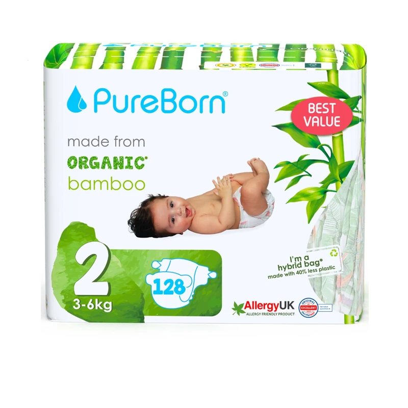 PureBorn Eco Organic Bamboo Nappies, Size 2 (3-6 kg), 128 Nappies, Hypoallergenic, Ultra Soft, Dermatologically Tested, Wetness Indicator