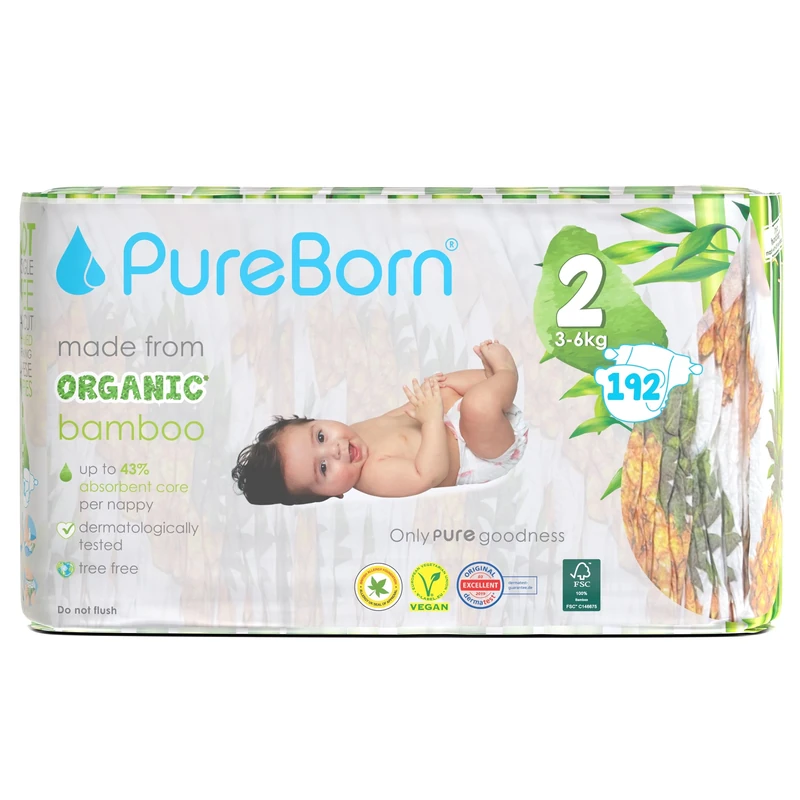 PureBorn Eco Organic Bamboo Nappies, Size 2 (3-6 kg), 192 Nappies (6x32), Hypoallergenic, Ultra Soft, Dermatologically Tested, Wetness Indicator