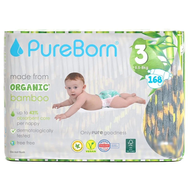 PureBorn Eco Organic Bamboo Nappies, Size 3 (5,5-8 kg), 168 Nappies (6x28), Hypoallergenic, Ultra Soft, Dermatologically Tested, Wetness Indicator