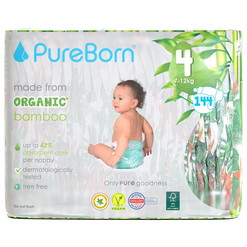 PureBorn Eco Organic Bamboo Nappies, Size 4 (7-12 kg), 144 Nappies (6 x24), Hypoallergenic, Ultra Soft, Dermatologically Tested, Wetness Indicator