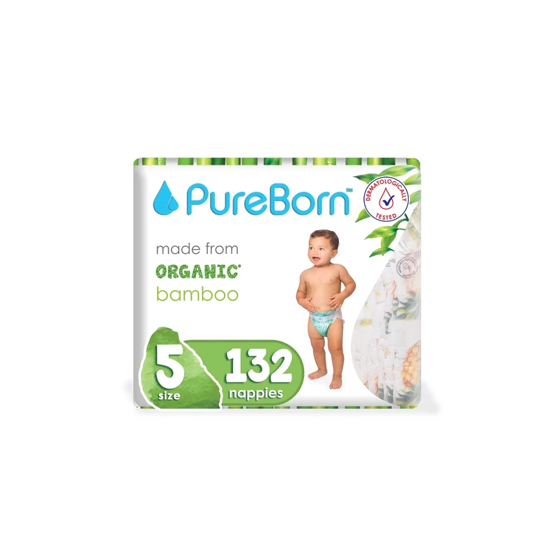 PureBorn Eco Organic Bamboo Nappies, Size 5 (11-18 kg), 132 Nappies (6x22), Hypoallergenic, Ultra Soft, Dermatologically Tested, Wetness Indicator