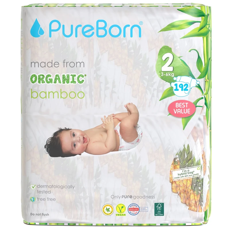 PureBorn Eco Organic Bamboo Nappies, Size 2 (3-6 kg), 192 Nappies (3x64), Hypoallergenic, Ultra Soft, Dermatologically Tested, Wetness Indicator