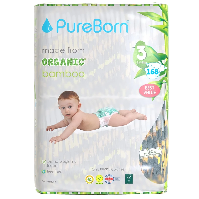 PureBorn Eco Organic Bamboo Nappies, Size 3 (5,5-8 kg), 168 Nappies (3x56), Hypoallergenic, Ultra Soft, Dermatologically Tested, Wetness Indicator
