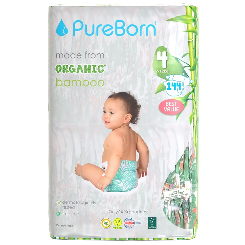 PureBorn Eco Organic Bamboo Nappies, Size 4 (7-12 kg), 144 Nappies (3 x48), Hypoallergenic, Ultra Soft, Dermatologically Tested, Wetness Indicator