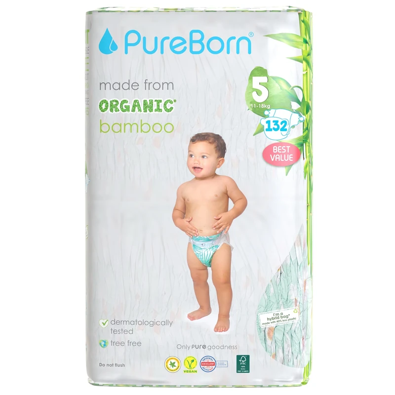 PureBorn Eco Organic Bamboo Nappies, Size 5 (11-18 kg), 132 Nappies (3x44), Hypoallergenic, Ultra Soft, Dermatologically Tested, Wetness Indicator