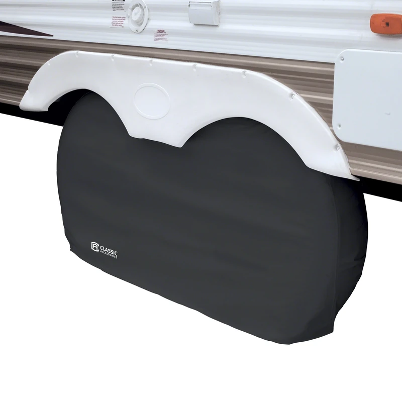 Classic Accessories Over Drive RV Dual Axle Wheel Cover, Wheels up to 27"DIA, Black, Motorhome Trailer Camper Van, Heavy-Duty Vinyl, Universal Fit, Polyester, Camper Travel Trailer Accessories