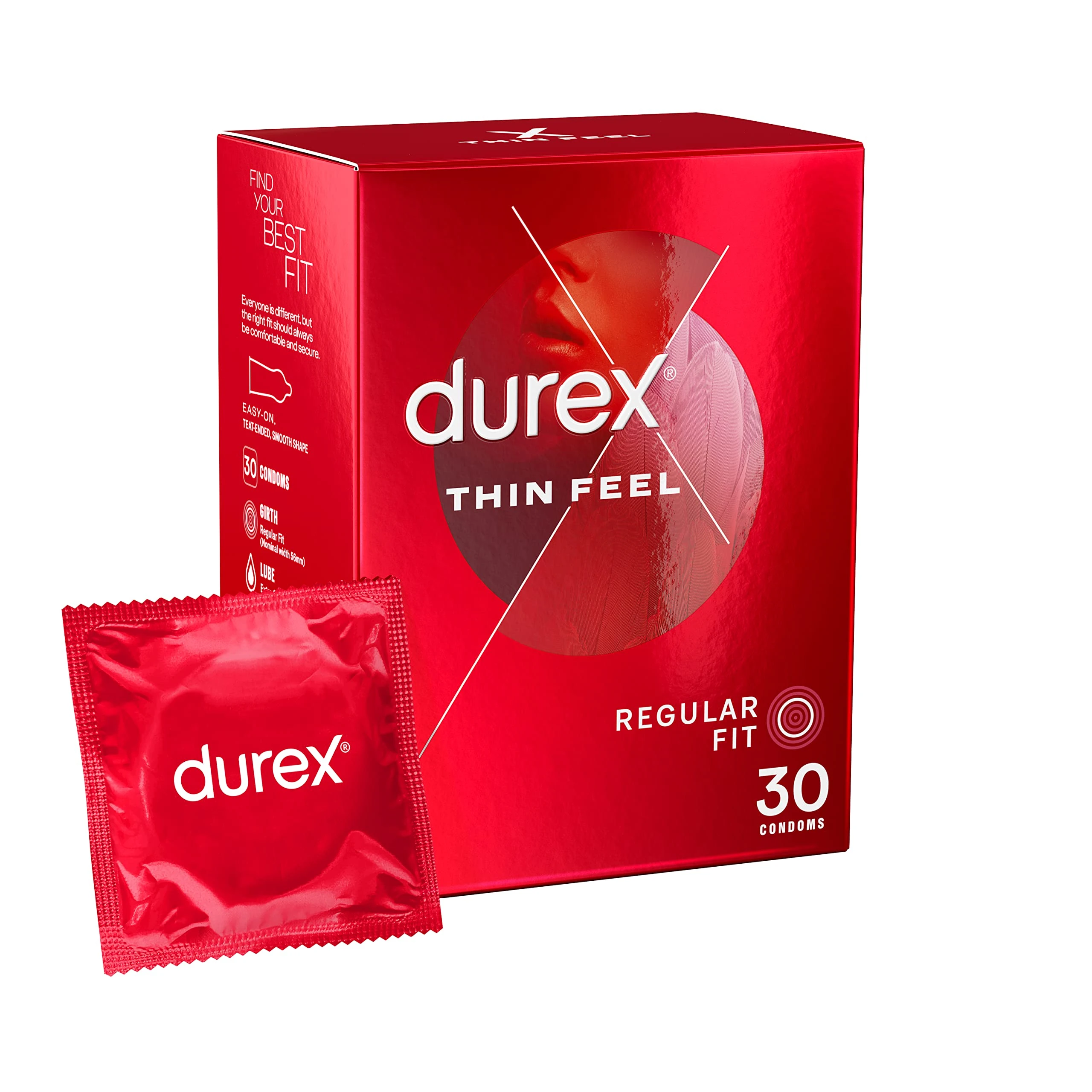 Durex Thin Feel, 30 Condoms, With Silicone Lube, Easy On Shape, Regular Fit, Natural Latex, Thin for More Sensitivity, Same Durex Security and Protection, Teat Ended