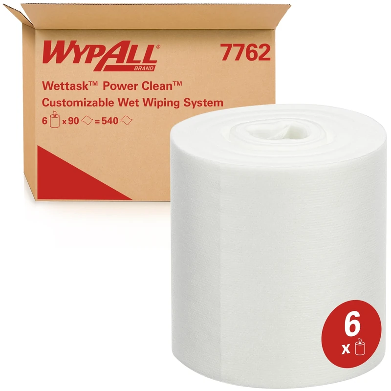 WypAll Wettask Power Clean Wipes For Solvents 7762 - Industrial Wipers - 6 Rolls x 90 White Cleaning Wipes (540 Total) - Image 1