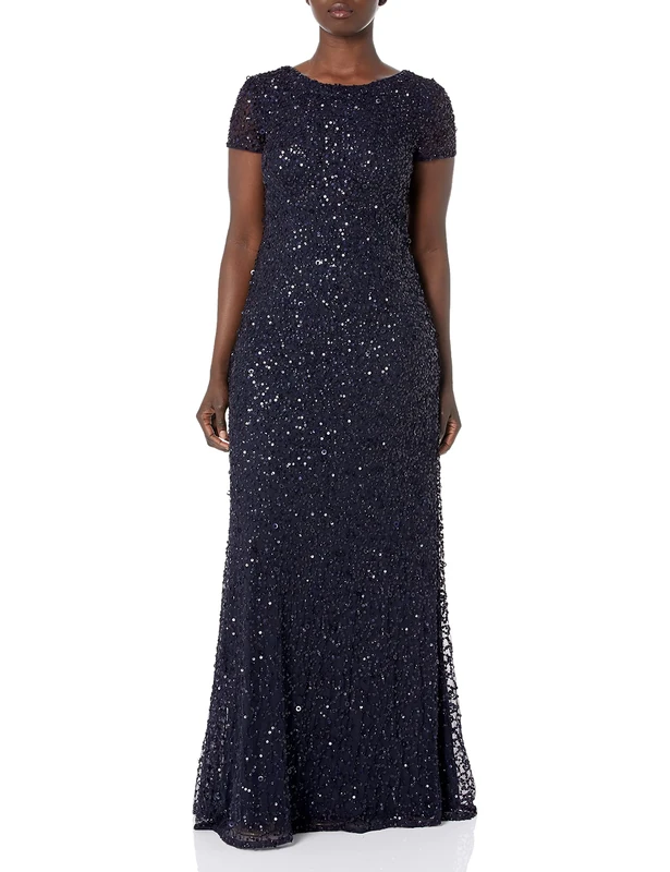 Adrianna Papell Women's Short-sleeve All Over Sequin Gown Dress, Navy, 14 UK