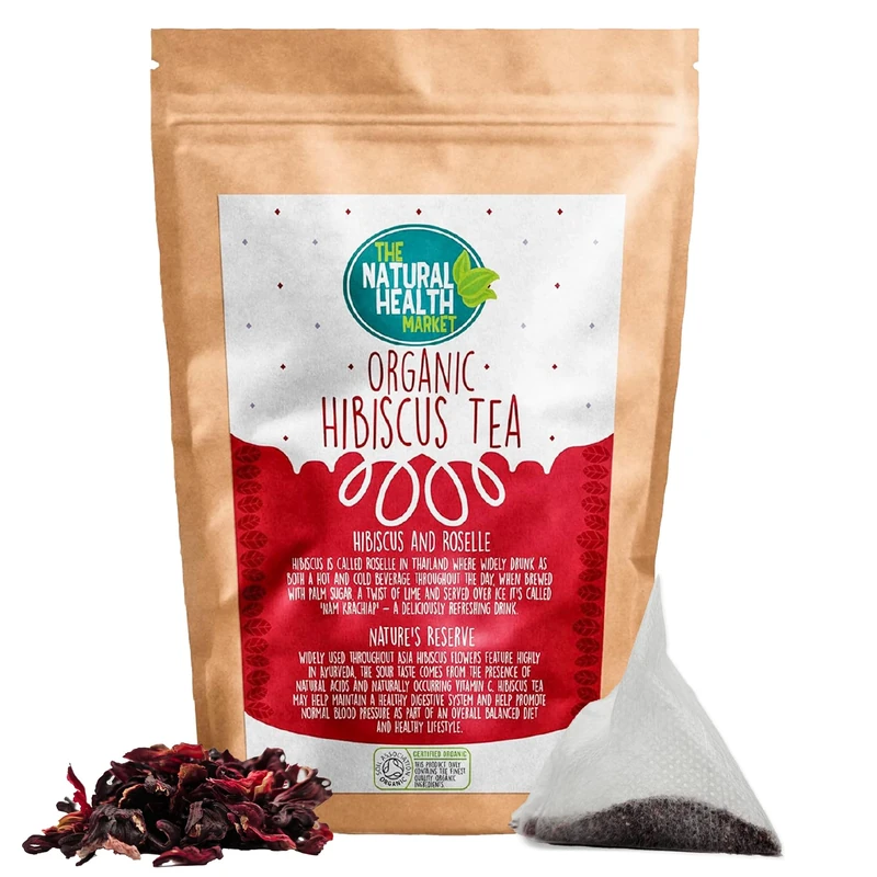 Organic Hibiscus Tea Bags 20 Count – Compostable Pyramid Bags – Soil Association Certified – Natural Hibiscus Powder – Made in Britain by The Natural Health Market