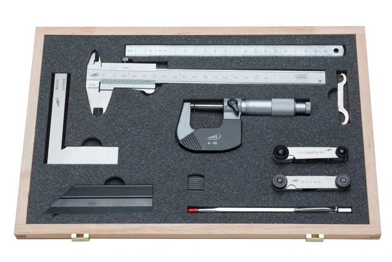 HELIOS-PREISSER 0212520 8-Teiliger Messzeugsatz mit Taschenmessschieber Duo-Fix, 150 mm, eckiges Tiefenmaß