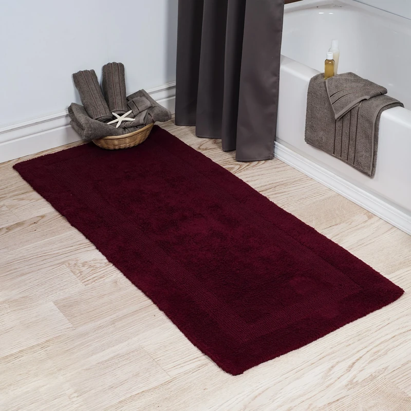 Lavish Home Cotton Bath Mat- Plush 100 Percent Cotton 24x60 Long Bathroom Runner- Reversible, Soft, Absorbent, and Machine Washable Rug (Burgundy)