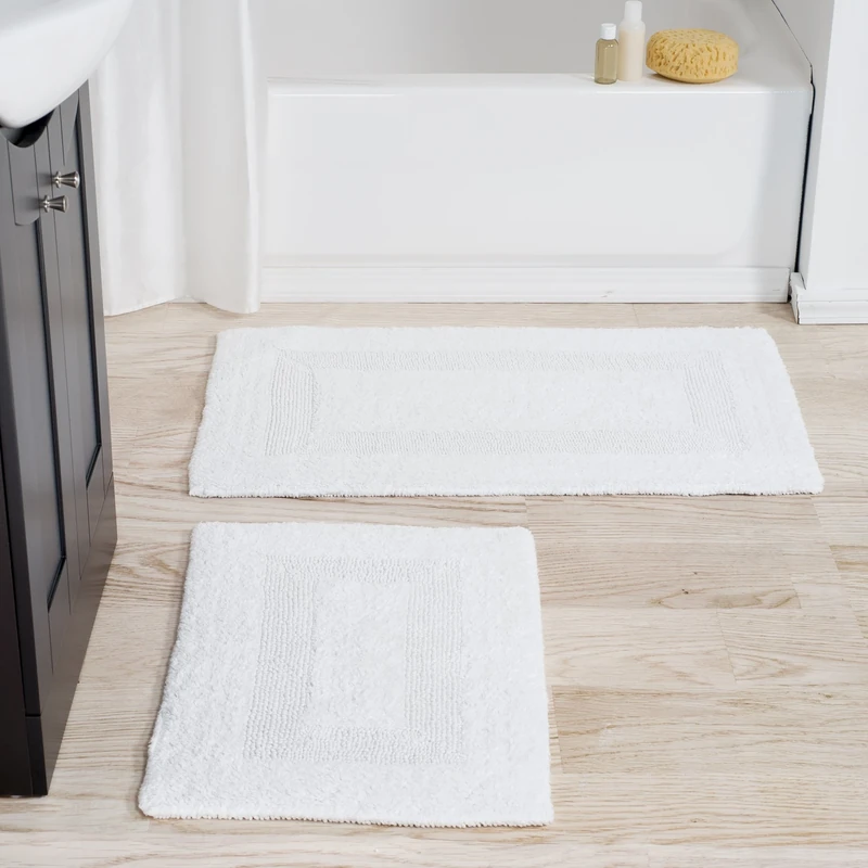 Lavish Home Cotton Bath Mat Set- 2 Piece 100 Percent Cotton Mats- Reversible, Soft, Absorbent and Machine Washable Bathroom Rugs (White), 35" x 22"x 0.5"