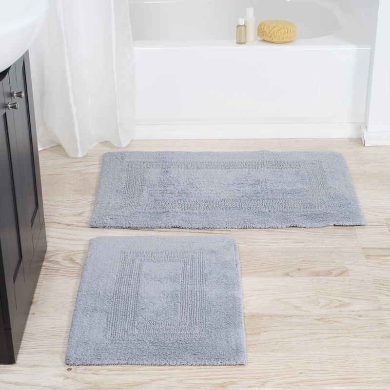 Lavish Home Cotton Bath Mat Set- 2 Piece 100 Percent Cotton Mats- Reversible, Soft, Absorbent and Machine Washable Bathroom Rugs (Silver)