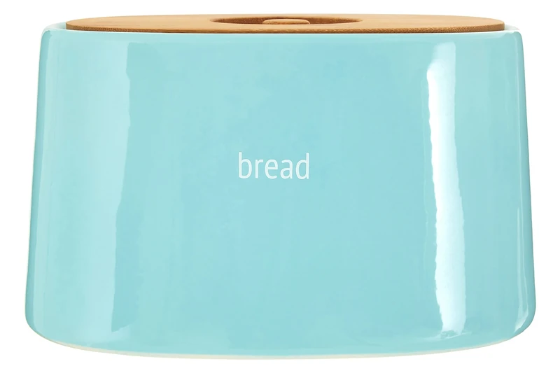 Premier Housewares Bread Bin Bamboo Lid Biscuit Tins Storage Tapered Dolomite Bread Basket Blue Biscuit Jar Bread Storage 19 cm x 33 cm x 22 cm