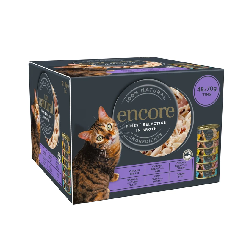 Encore 100 percent Natural Adult Wet Cat Food, Chicken and Fish Selection Bulk Pack in Broth 70 g Tins (Total of 48 Tins)