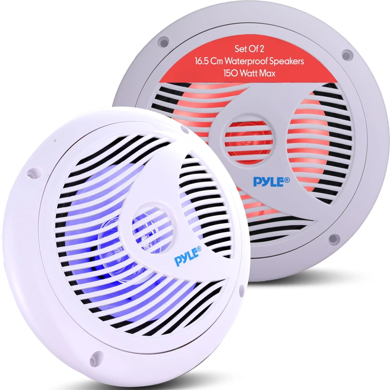 6.5 Inch Dual Marine Speakers - IP44 Waterproof and Weather Resistant Outdoor Audio Stereo Sound System with Built-in Led Lights, 150 Watt Power and Polypropylene Cone - 1 Pair - PLMR6LEW (White)
