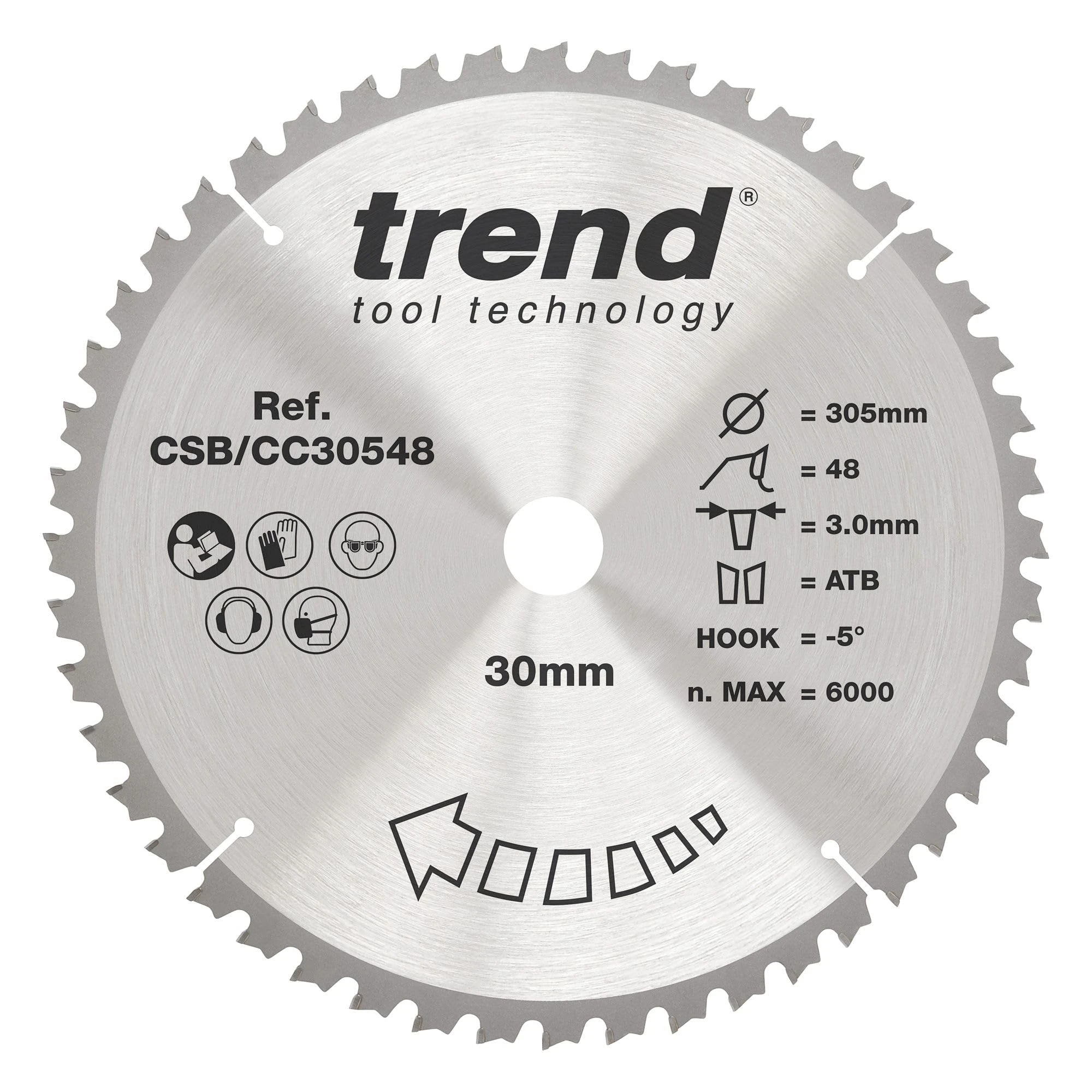 Trend Wood Mitre Saw Blade, 305mm Diameter, 30mm Bore, 48 Teeth, 3mm Kerf, -5° Hook, TCT, Medium Finish, CSB/CC30548