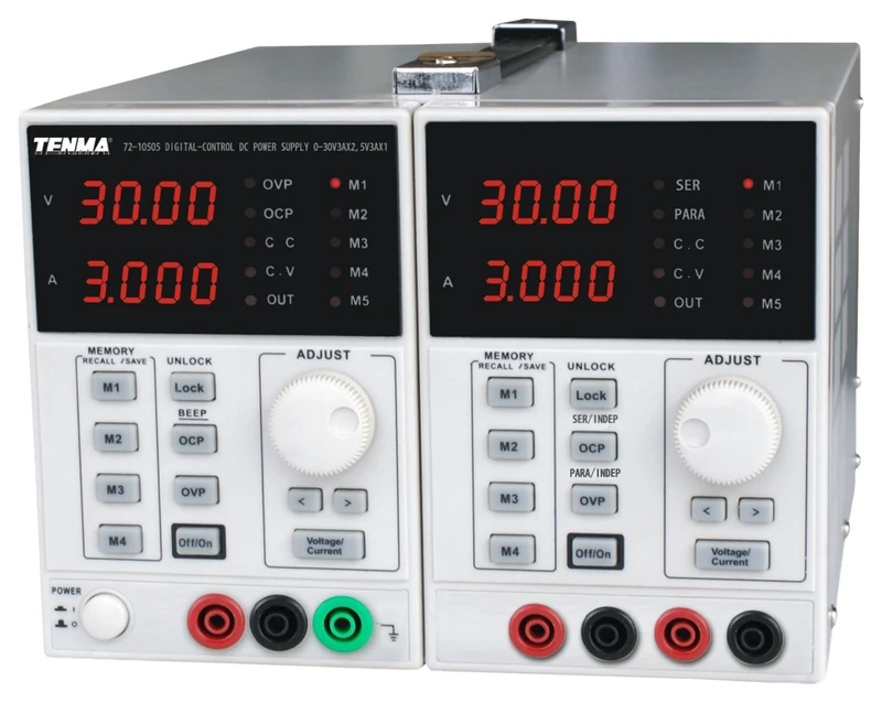 TENMA MULTICOMP PRO Triple Output DC Bench Power Supply – 2x 0-30V & 5V, 3A – Linear Regulated, Low Ripple, Digital Display