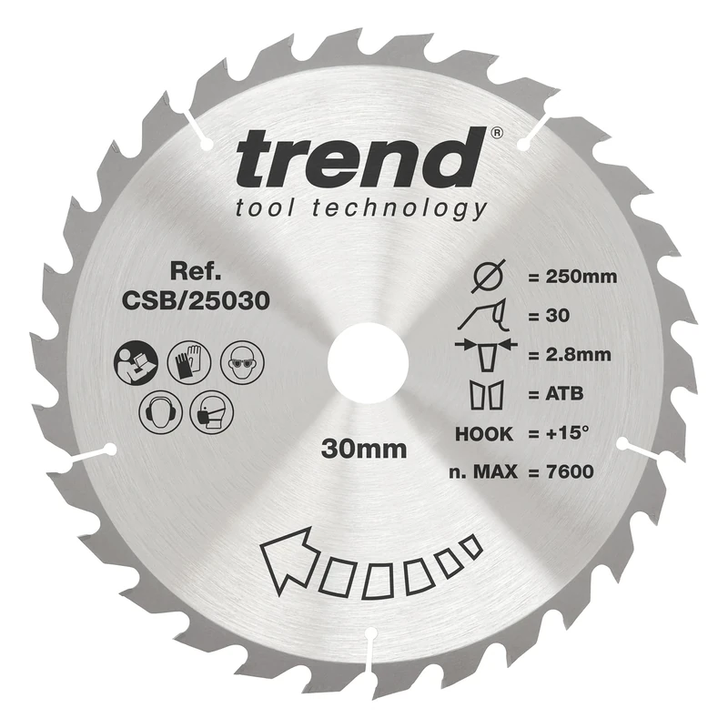 Trend Wood Circular Saw Blade, 250mm Diameter, 30mm Bore, 30 Teeth, 2.8mm Kerf, +15° Hook, TCT, Coarse Finish, CSB/25030