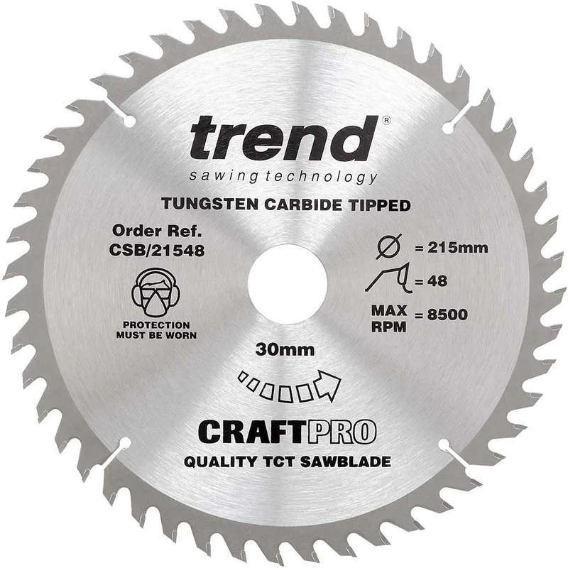 Trend Wood Circular Saw Blade, 215mm Diameter, 30mm Bore, 48 Teeth, 2.6mm Kerf, +15° Hook, TCT, Fine Finish, CSB/21548