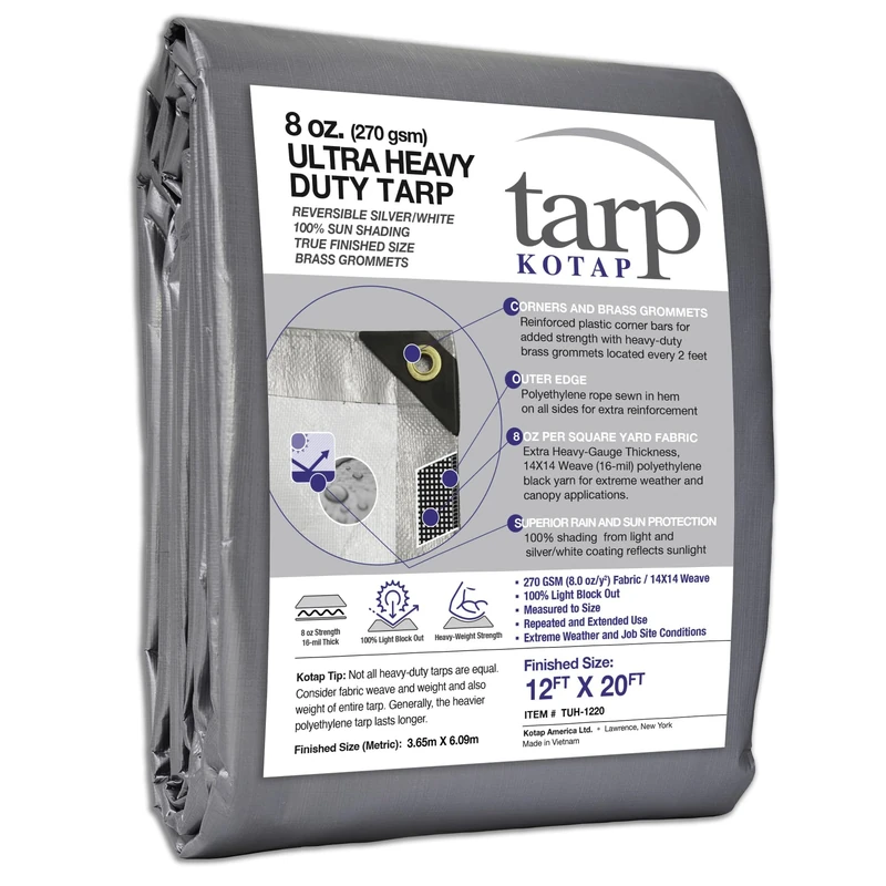 Kotap TUH-1220 Multi-Use, Waterproof Ultra Heavy-Duty Protection/Coverage Tarp, Superior Weave for Greater Longevity, 16-mil, Reversible, Silver-White, 12 x 25 Ft