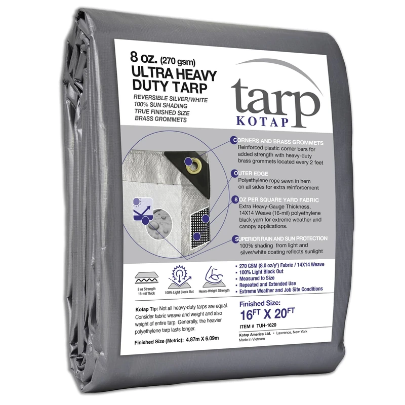 Kotap TUH-1620 Multi-Use, Waterproof Ultra Heavy-Duty Protection/Coverage Tarp, Superior Weave for Greater Longevity, 16-mil, Reversible, Silver-White, 18 x 24 Ft