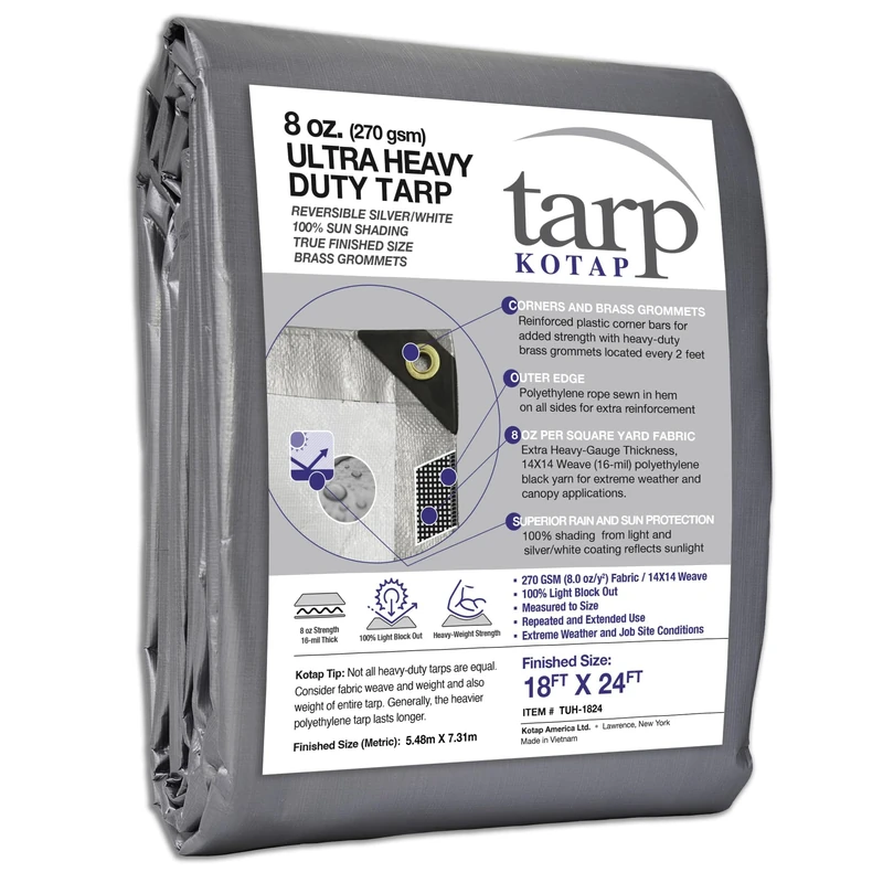 Kotap TUH-1824 Multi-Use, Waterproof Ultra Heavy-Duty Protection/Coverage Tarp, Superior Weave for Greater Longevity, 16-mil, Reversible, Silver-White, Size: 18' X 24'