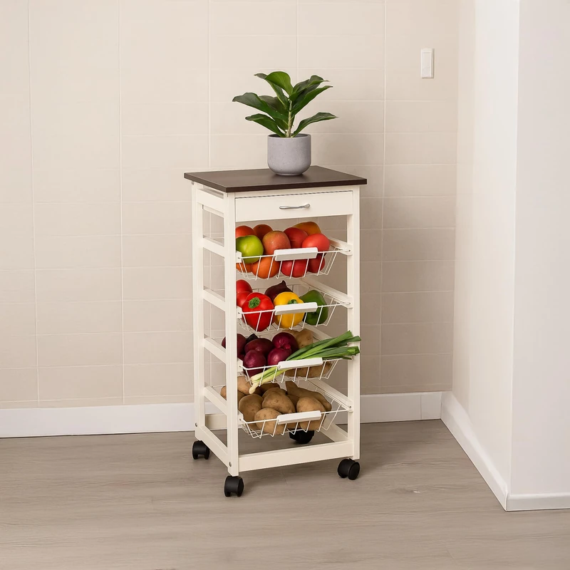 Chef Vida 4 Tier Kitchen Trolley Cart Storage Baskets Drawer, Pine, White & Black, 81 x 37 x 37 cm - Image 1