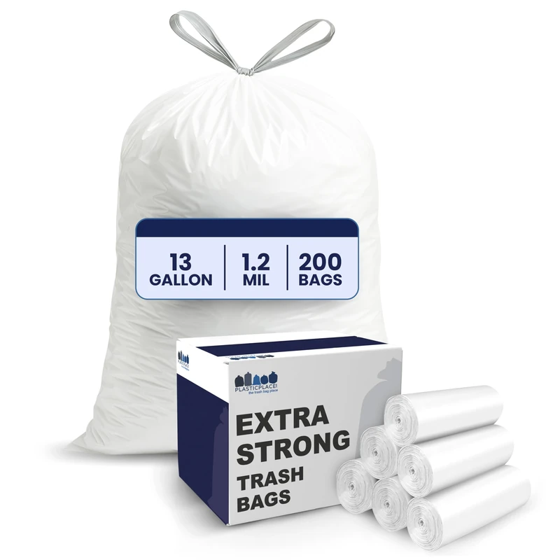 Plasticplace W13DSWH 13 Gallon Trash Bags │ 1.2 Mil │ White Drawstring Garbage Can Liners │ 24" x 31" (200 Case), Count