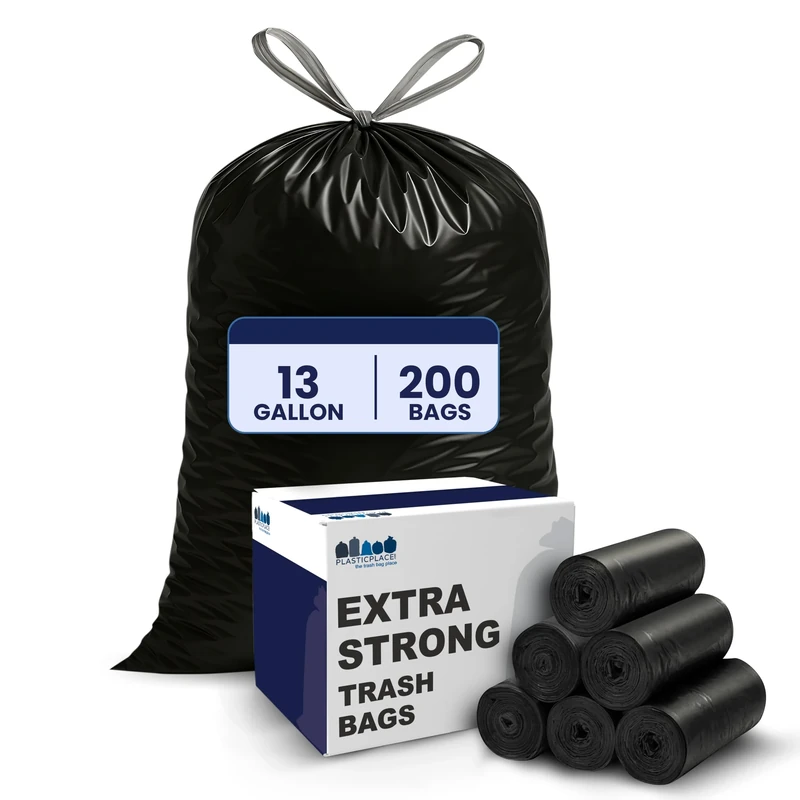 PlasticPlace Extra-Tall Drawstring Bags - 13 Gallon - Black - 200/case