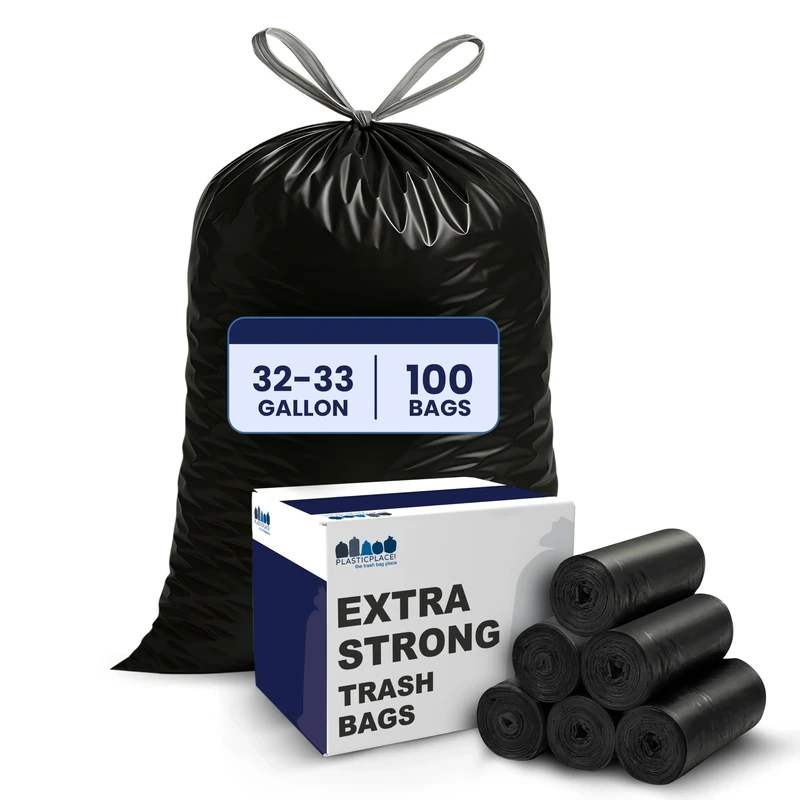 Plasticplace 32-33 Gallon Trash Bags │ 1.2 Mil │ Drawstring Garbage Can Liners │ 33” x 39”, Black, 100 Count