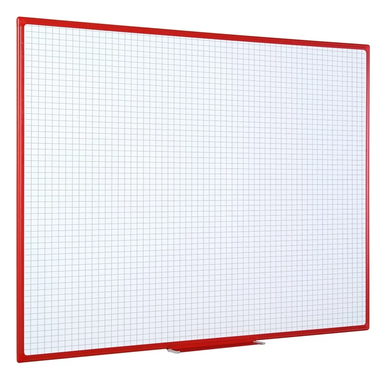 Bi-Office Maya Non-Magnetic Gridded Whiteboard, Dry Erase Surface, Red Plastic Frame, 1800 x 1200 mm