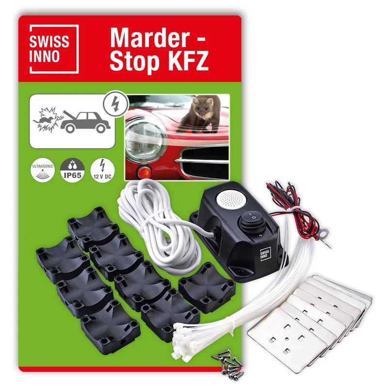 SWISSINNO Marten Stop Car Kit - Ultrasonic + High-Voltage Platelets - Protects Engine from Marten Damage - Waterproof - 12V Car Battery Operated - Automatic Power Cut-Off - Image 1