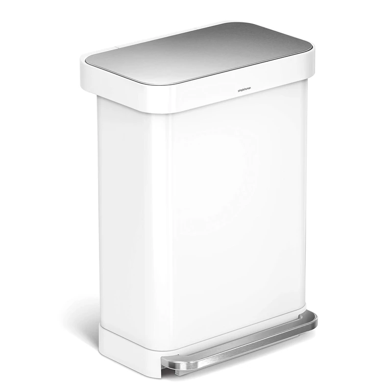 simplehuman CW2026 55L Rectangular Kitchen Pedal Bin with Liner Pocket, Silent Soft Close Lid, Strong Wide Pedal, White Steel, W 47.0cm x H 65.5cm x D 36.0cm