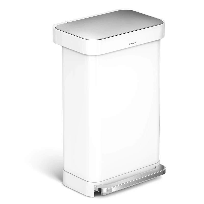 simplehuman CW2027 45L Rectangular Kitchen Pedal Bin with Liner Pocket, Silent Soft Close Lid, Strong Wide Pedal, White Steel, W 40.5cm x H 65.5cm x D 33.8cm