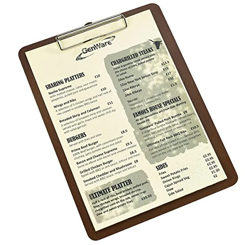 Genware Wooden Menu Clipboard A4 - Set of 6 - Rustic Wooden Menu Holder, Ideal for Displaying Daily Specials