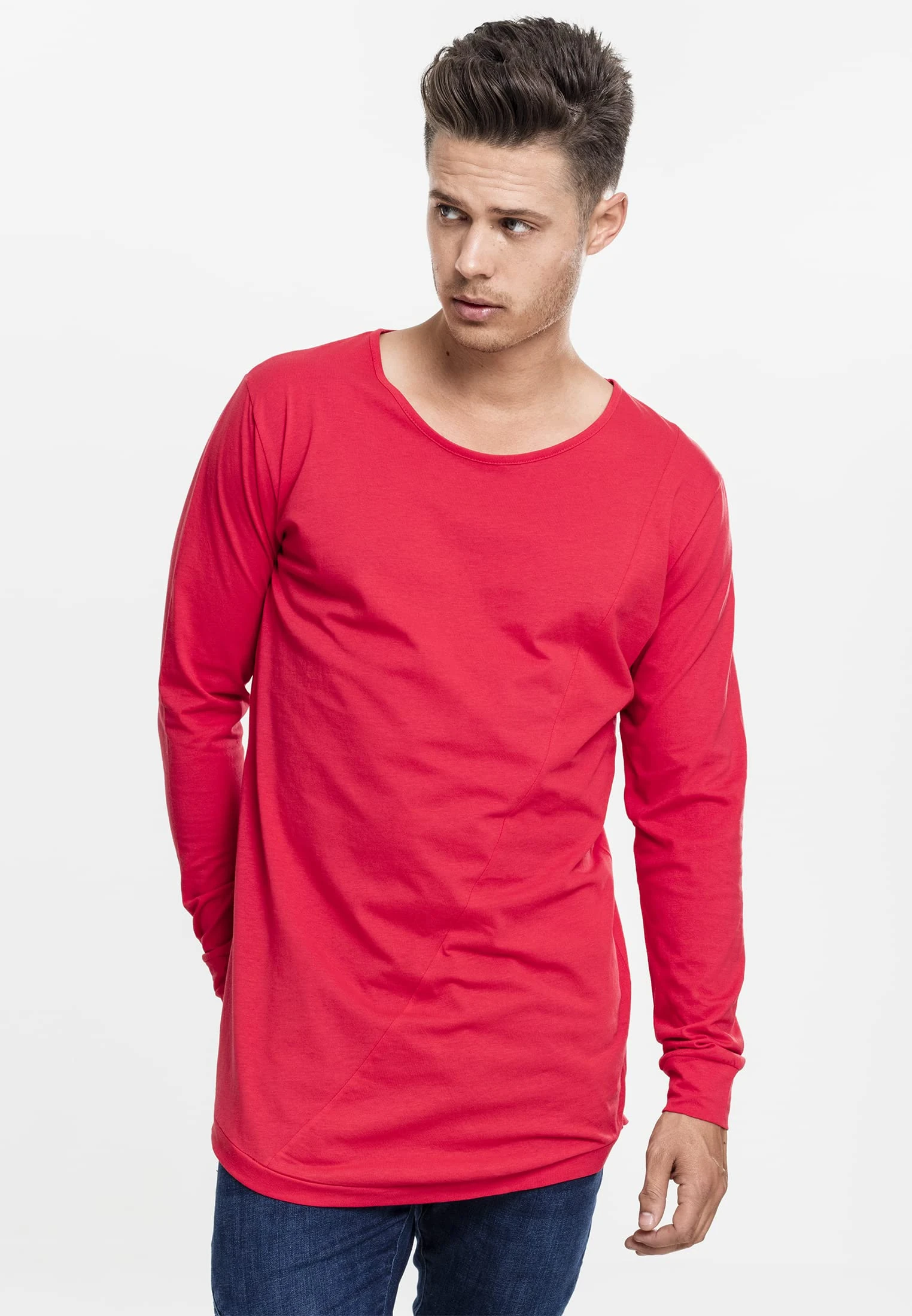 Urban Classics Men's Shaped Fashion Long Sleeve Tee - Long Sleeve Top - Red (Fire Red), Large (Manufacturer size: Large)