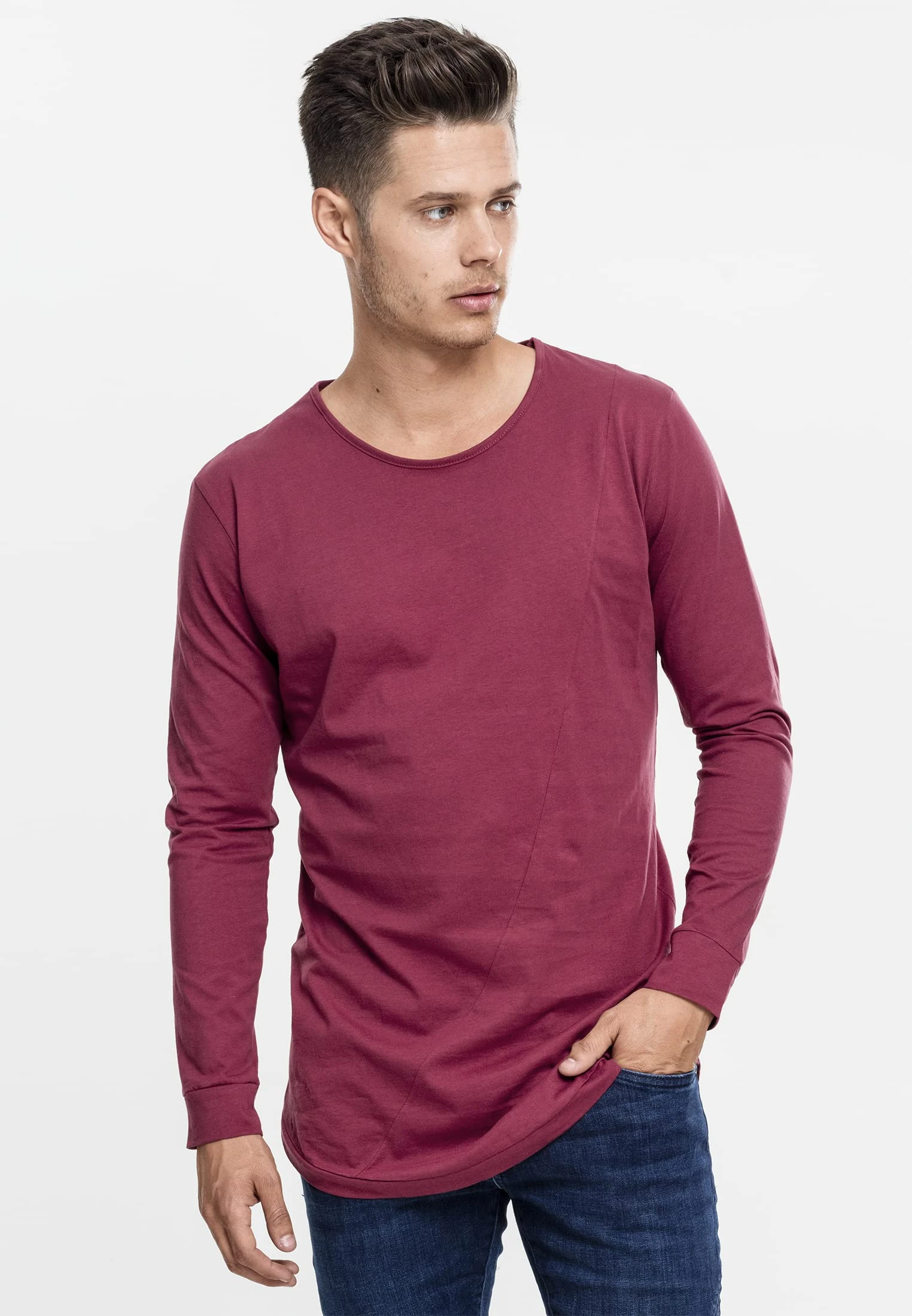 Urban Classics Men's Shaped Fashion Long Sleeve Tee - Long Sleeve Top - Multicoloured (Burgundy), Medium (Manufacturer size: Medium)