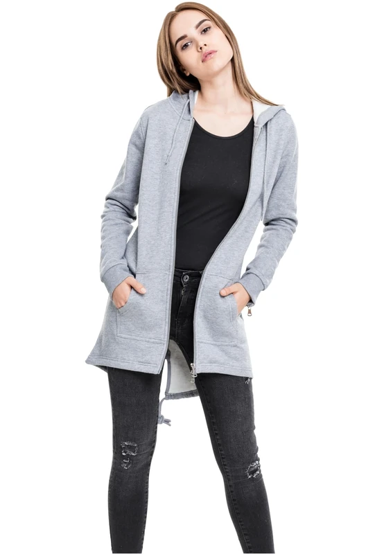 URBAN CLASSICS Women's Long Hoodie Parka, Long Jumper with Drawstring Zip, Long Sleeves Jumper with Large Pockets & Elasticated Cuffs, Long Cardigan with Hoodie, Colour: Grey, Size: X-Small