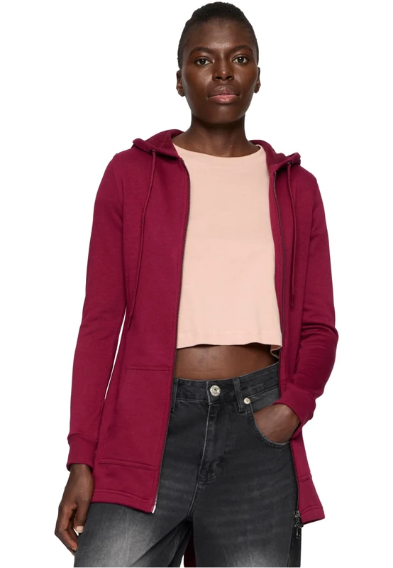 URBAN CLASSICS Women's Long Hoodie Parka, Long Jumper with Drawstring Zip, Long Sleeves Jumper with Large Pockets & Elasticated Cuffs, Long Cardigan with Hoodie, Colour: Burgundy, Size: X-Large
