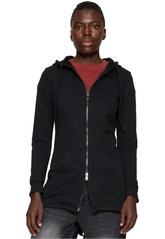 URBAN CLASSICS Women's Long Hoodie Parka, Long Jumper with Drawstring Zip, Long Sleeves Jumper with Large Pockets & Elasticated Cuffs, Long Cardigan with Hoodie, Colour: Black, Size: Small