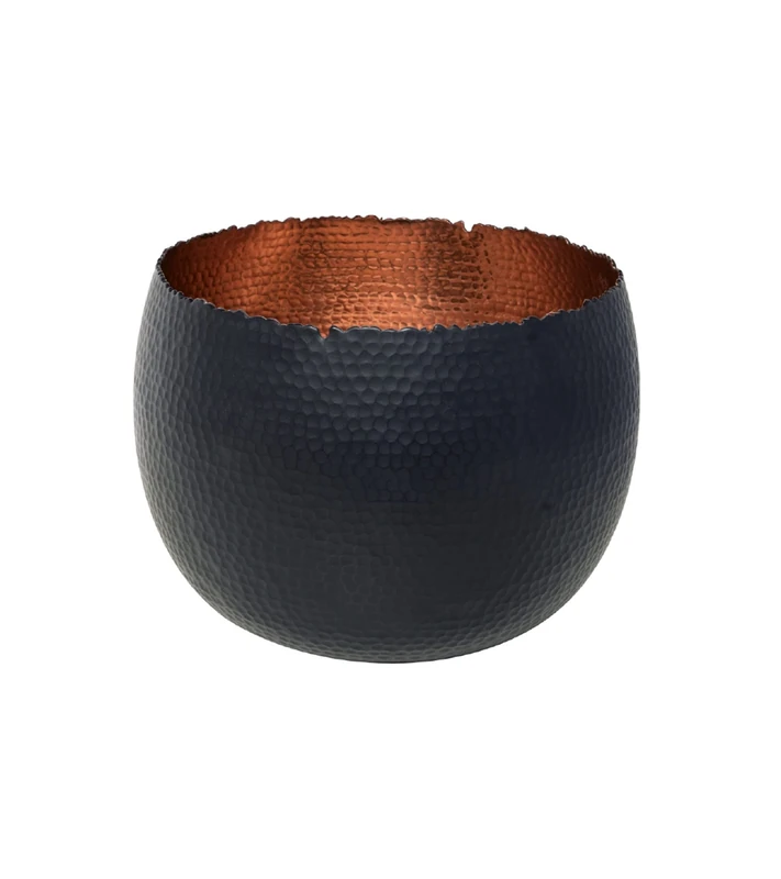 Ivyline Round Hammered Planter Bowl in Black / Copper - UV Stable & Waterproof Premium Quality Indoor Iron Decorative Flower Plant Pot - H21cm x D30cm