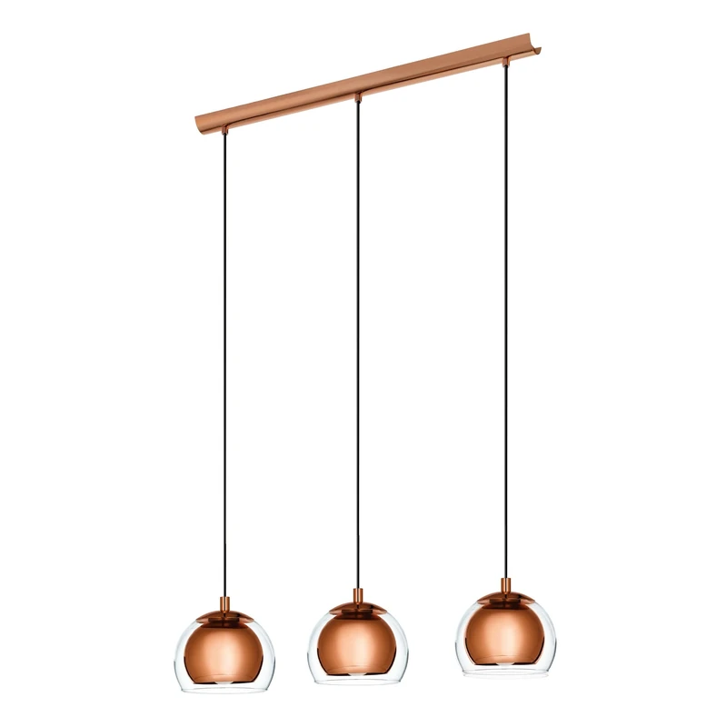 Eglo Ceiling Light Fitting Rocamar with 3 lampshades, Pendant Lighting Made of Copper-Coloured Steel and Clear Glass, Hanging lamp for Dining Table and Living Room, E27 Socket
