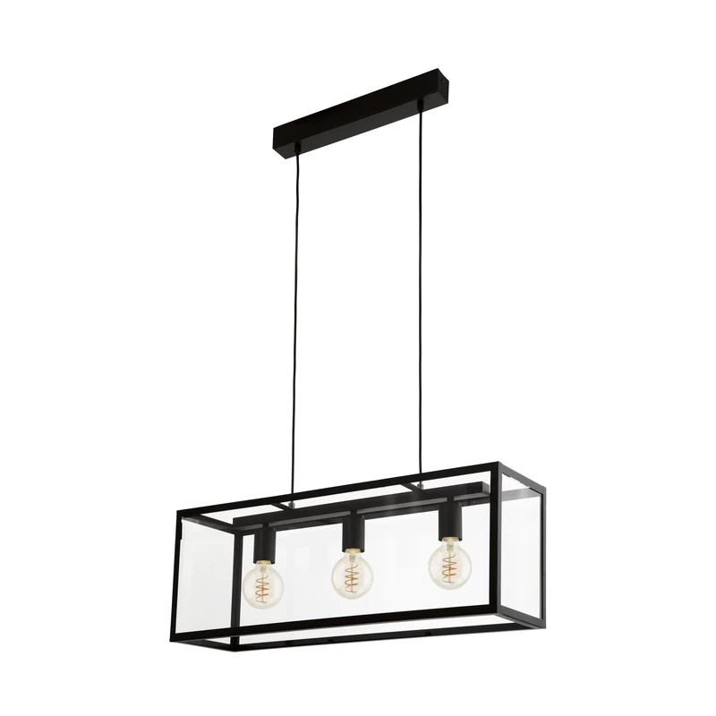 Eglo Charterhouse Pendant Lamp, 3-Light Vintage Hanging Light, Steel Construction, Colour: Black, Glass: Clear, Socket: E27