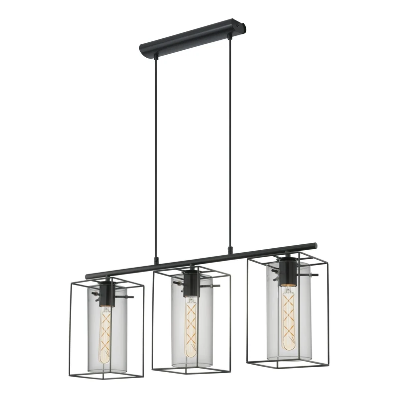 Eglo Loncino Pendant lamp, 3-Flame Vintage Pendant lamp, Hanging lamp Made of Steel, Colour: Black, Glass: Tinted Glass, Socket: E27, L: 74.5 cm/29.3 inches